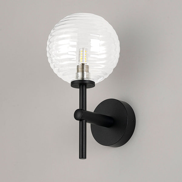 Tenterden Medium Arm IP44 Wall Light in Satin Black with Ribbed Round Clear Glass Diffuser