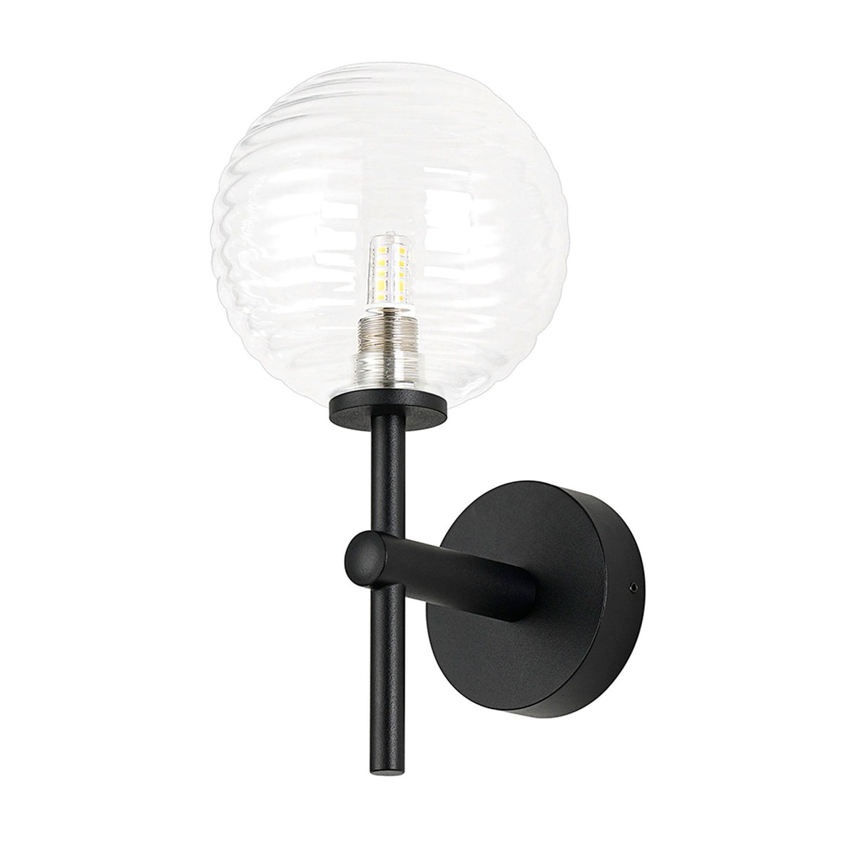 Tenterden Medium Arm IP44 Wall Light in Satin Black with Ribbed Round Clear Glass Diffuser