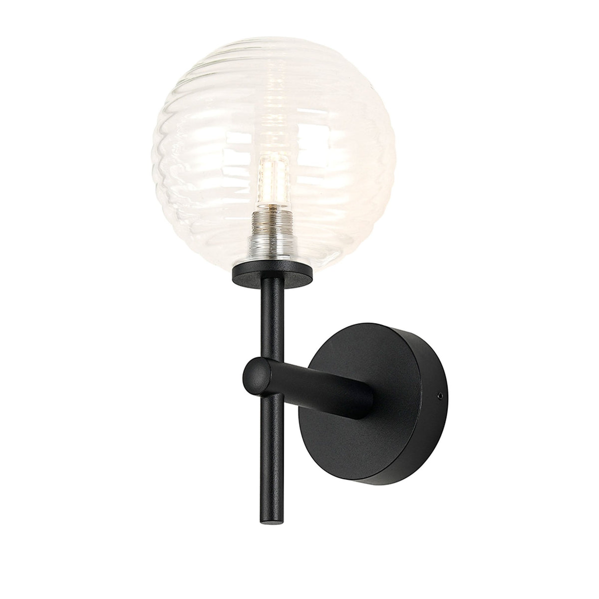 Tenterden Medium Arm IP44 Wall Light in Satin Black with Ribbed Round Clear Glass Diffuser