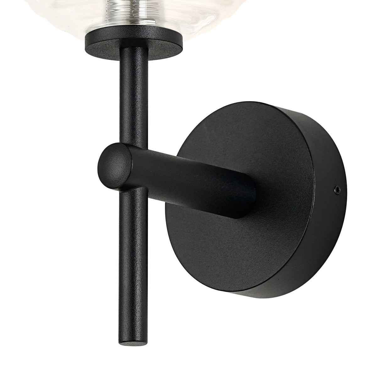 Tenterden Medium Arm IP44 Wall Light in Satin Black with Ribbed Round Clear Glass Diffuser
