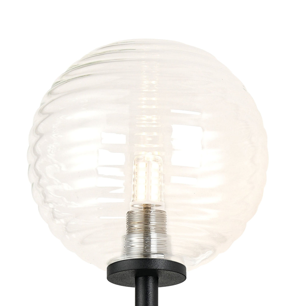 Tenterden Medium Arm IP44 Wall Light in Satin Black with Ribbed Round Clear Glass Diffuser