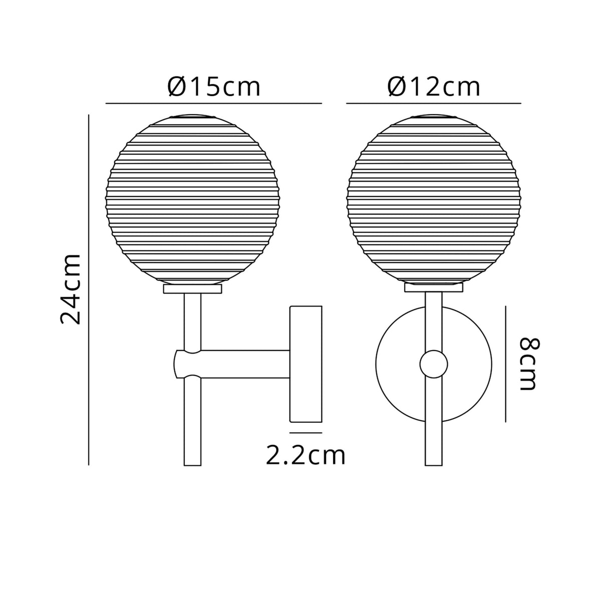 Tenterden Medium Arm IP44 Wall Light in Satin Black with Ribbed Round Clear Glass Diffuser