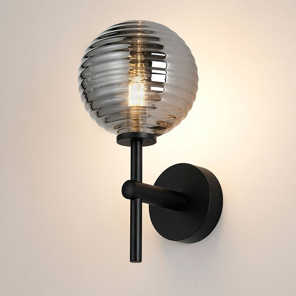 Tenterden Medium Arm IP44 Wall Light in Satin Black with Ribbed Round Smoke Glass Diffuser