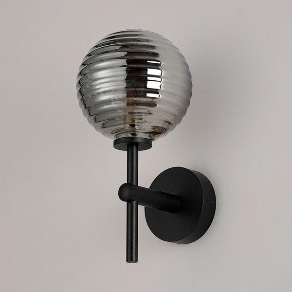 Tenterden Medium Arm IP44 Wall Light in Satin Black with Ribbed Round Smoke Glass Diffuser