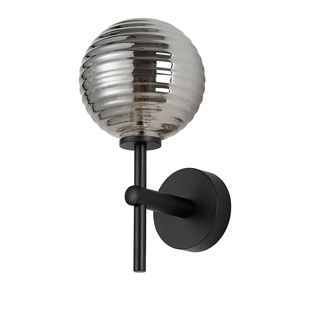 Tenterden Medium Arm IP44 Wall Light in Satin Black with Ribbed Round Smoke Glass Diffuser