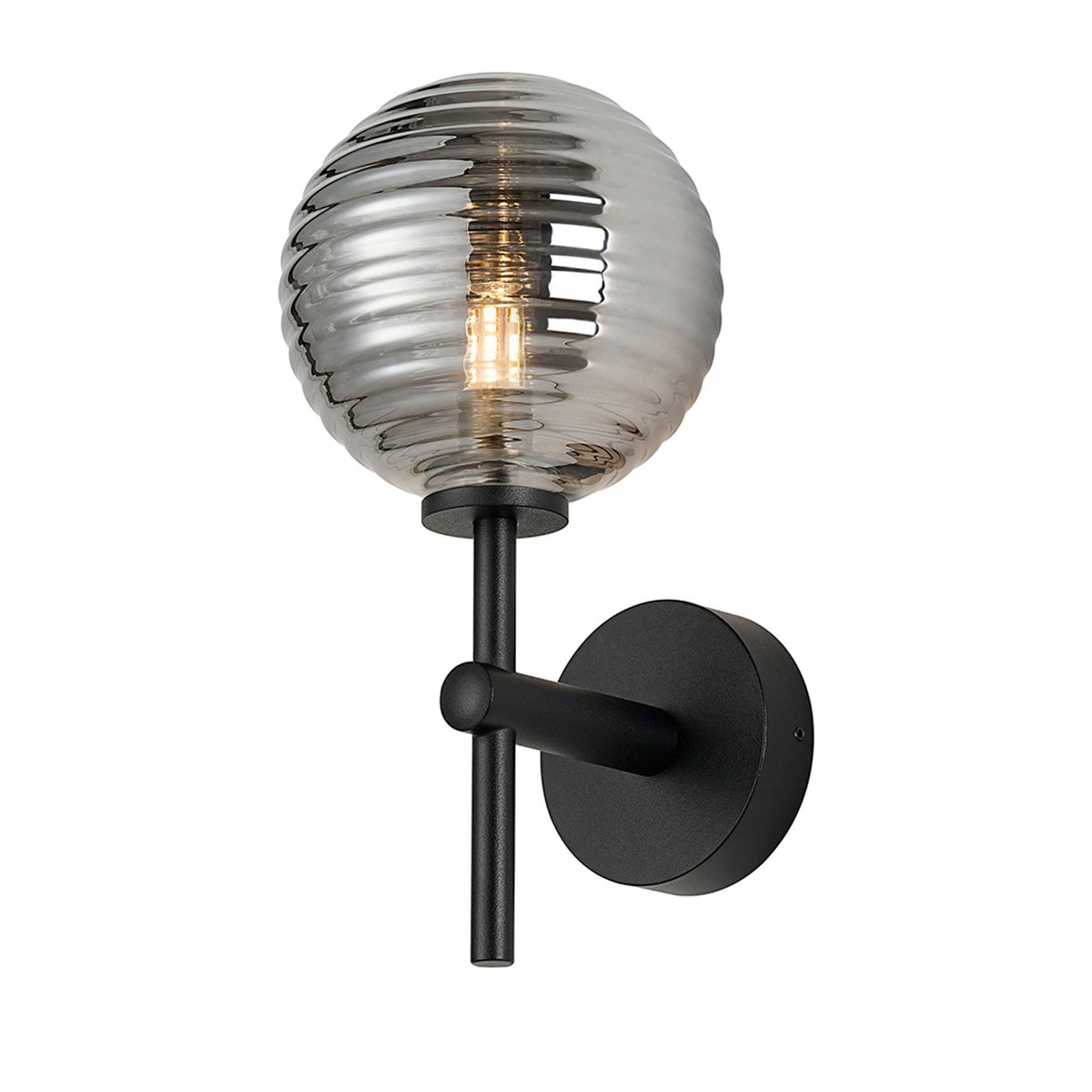 Tenterden Medium Arm IP44 Wall Light in Satin Black with Ribbed Round Smoke Glass Diffuser