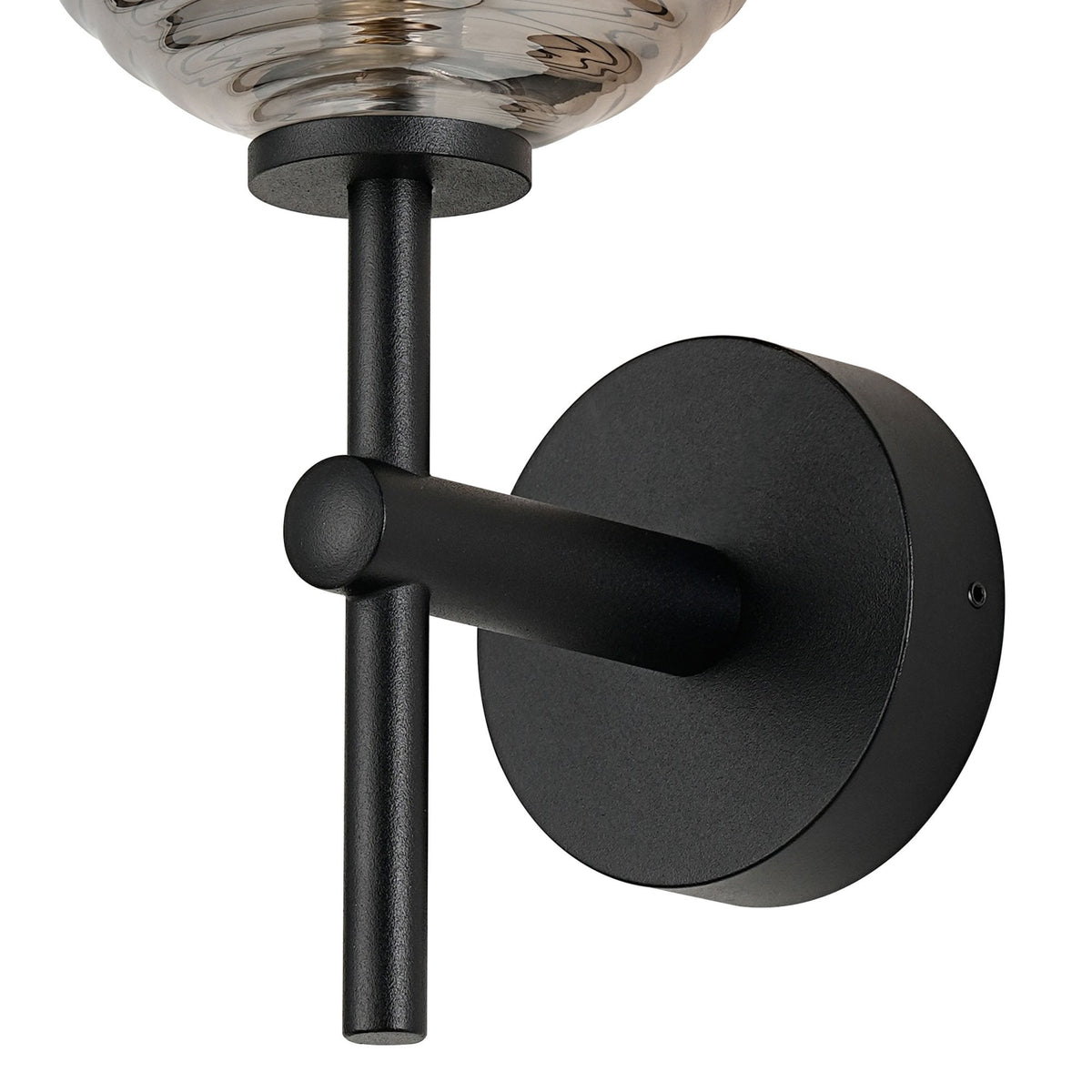 Tenterden Medium Arm IP44 Wall Light in Satin Black with Ribbed Round Smoke Glass Diffuser