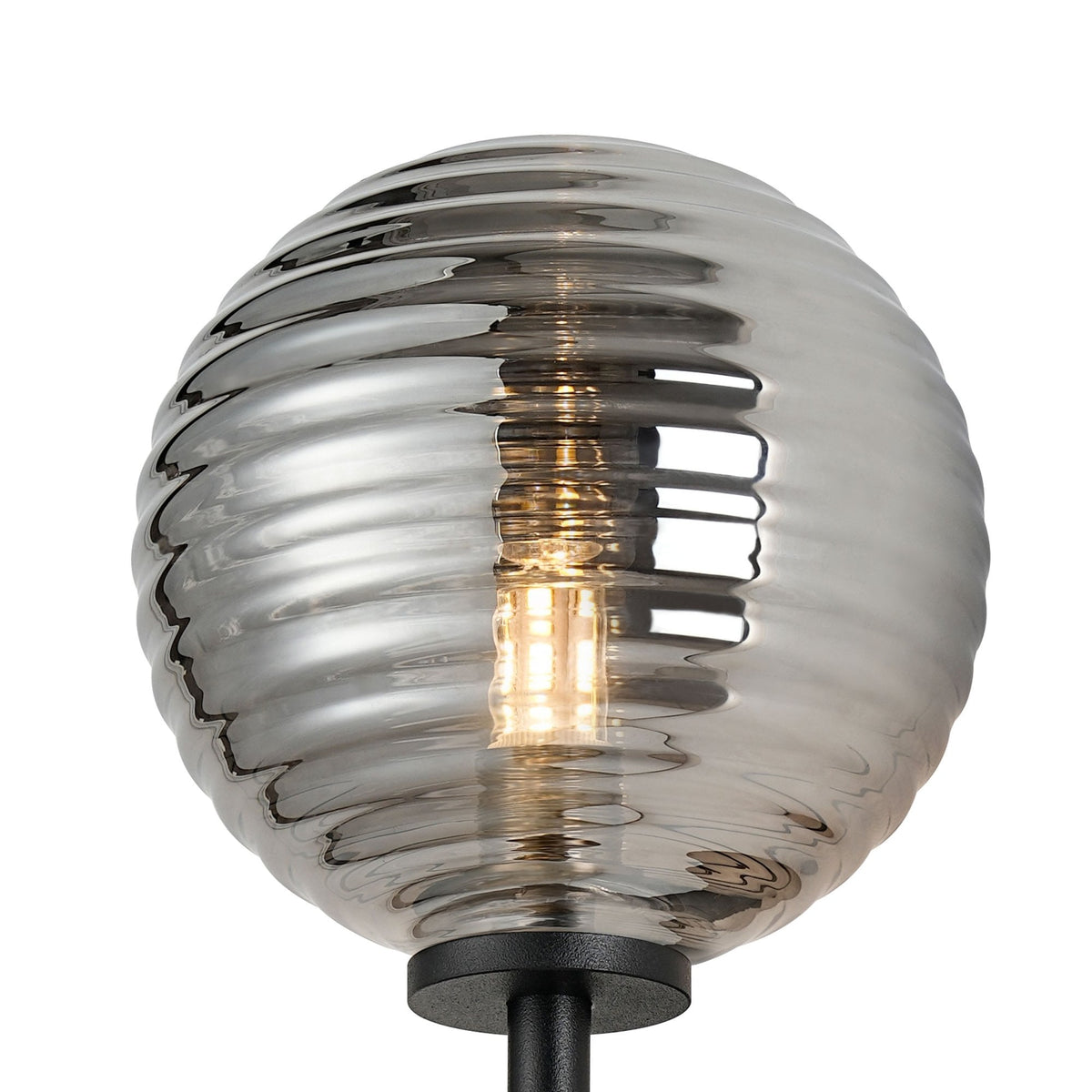 Tenterden Medium Arm IP44 Wall Light in Satin Black with Ribbed Round Smoke Glass Diffuser