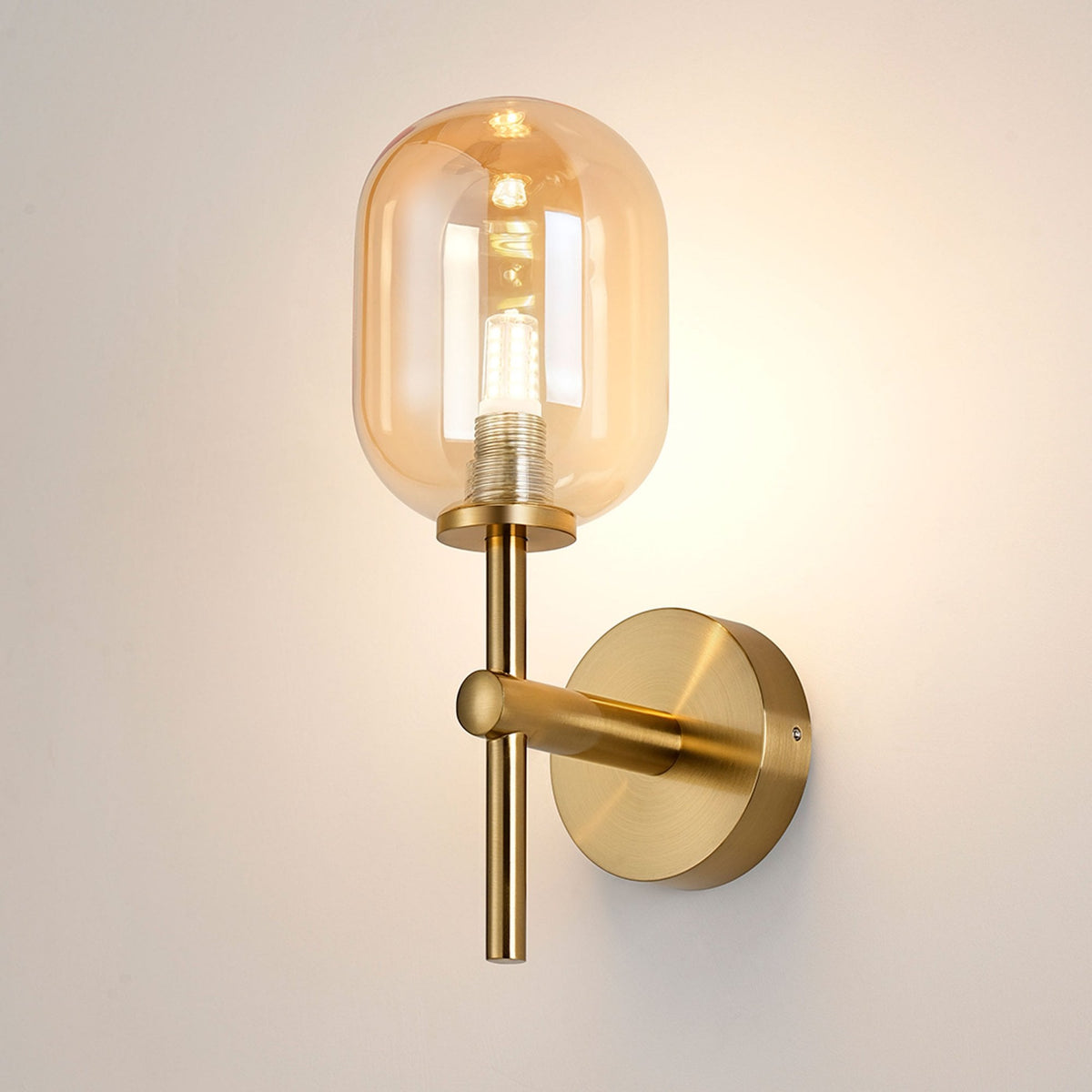 Tenterden Medium Arm IP44 Wall Light in Brass Gold with Smooth Tubular Amber Glass Diffuser