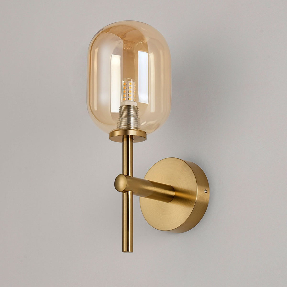 Tenterden Medium Arm IP44 Wall Light in Brass Gold with Smooth Tubular Amber Glass Diffuser
