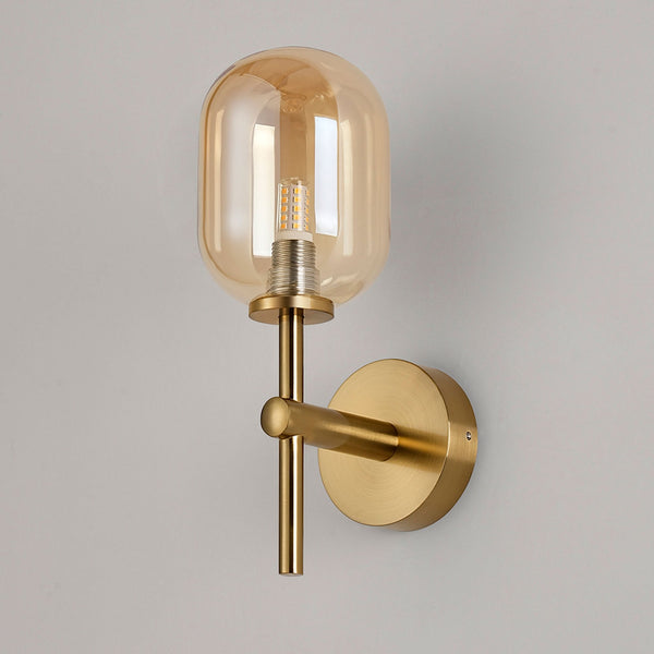 Tenterden Medium Arm IP44 Wall Light in Brass Gold with Smooth Tubular Amber Glass Diffuser