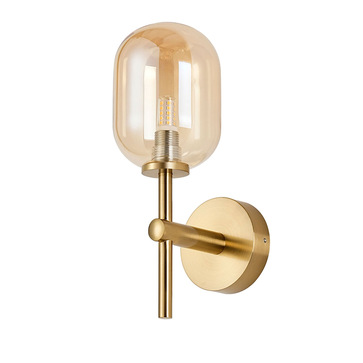 Tenterden Medium Arm IP44 Wall Light in Brass Gold with Smooth Tubular Amber Glass Diffuser