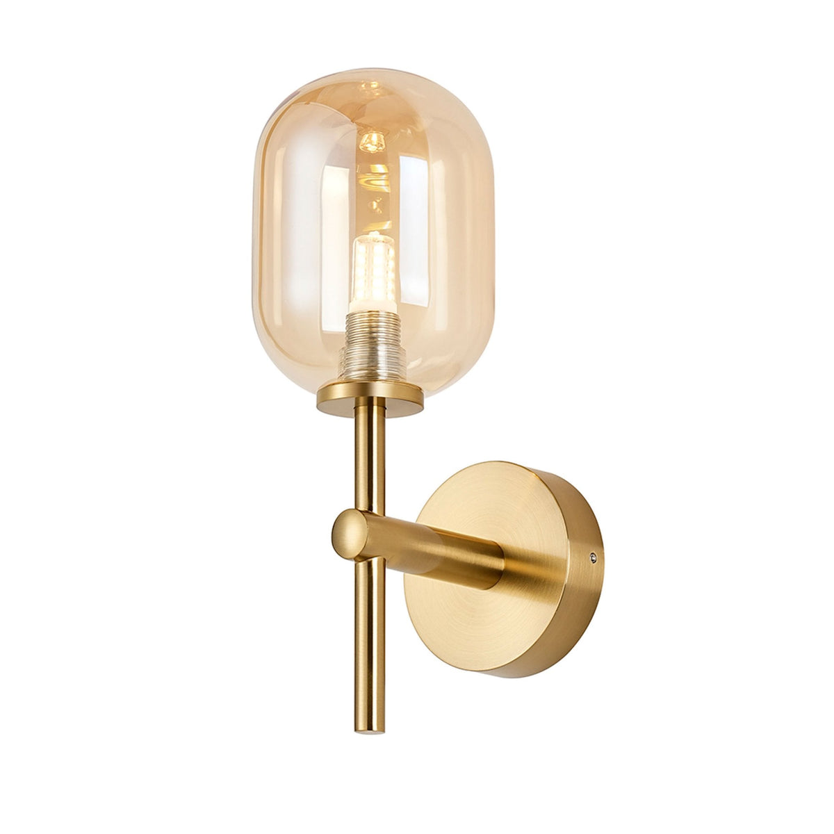 Tenterden Medium Arm IP44 Wall Light in Brass Gold with Smooth Tubular Amber Glass Diffuser