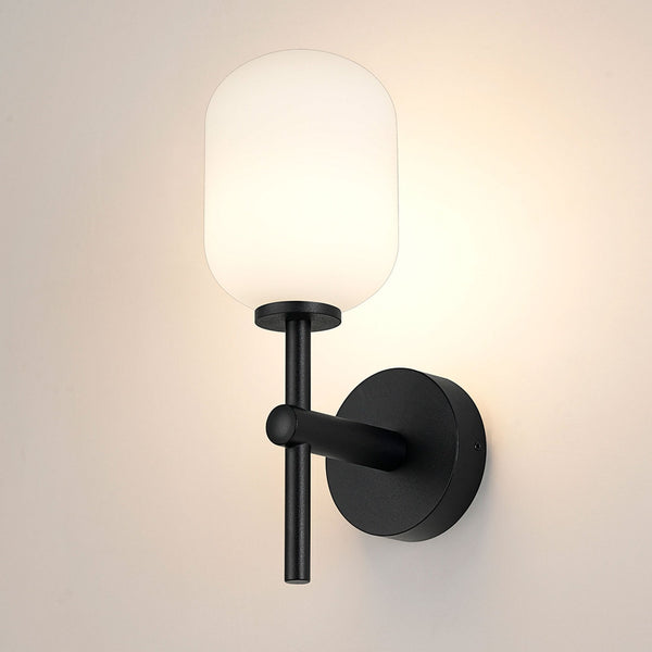 Tenterden Medium Arm IP44 Wall Light in Satin Black with Smooth Tubular Opal Glass Diffuser