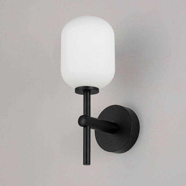 Tenterden Medium Arm IP44 Wall Light in Satin Black with Smooth Tubular Opal Glass Diffuser