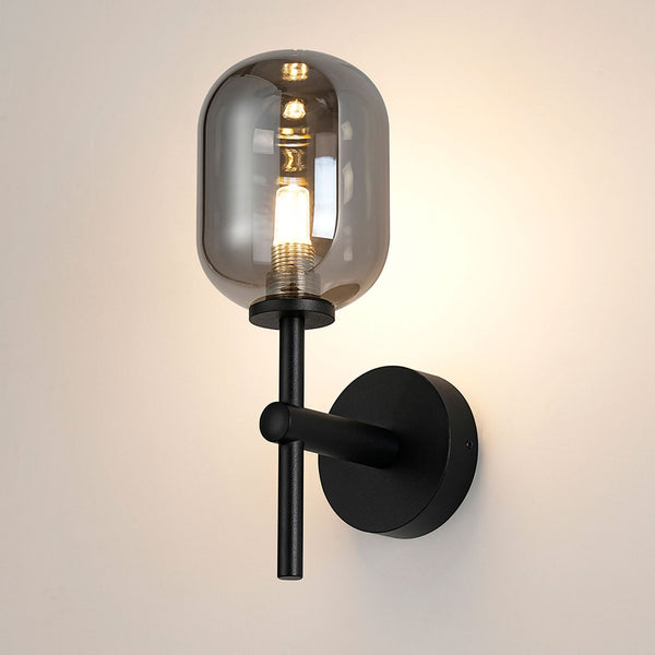 Tenterden Medium Arm IP44 Wall Light in Satin Black with Smooth Tubular Smoke Glass Diffuser