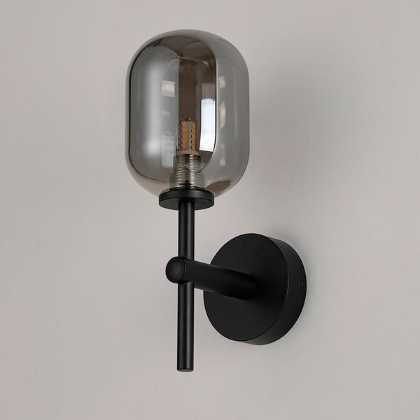 Tenterden Medium Arm IP44 Wall Light in Satin Black with Smooth Tubular Smoke Glass Diffuser