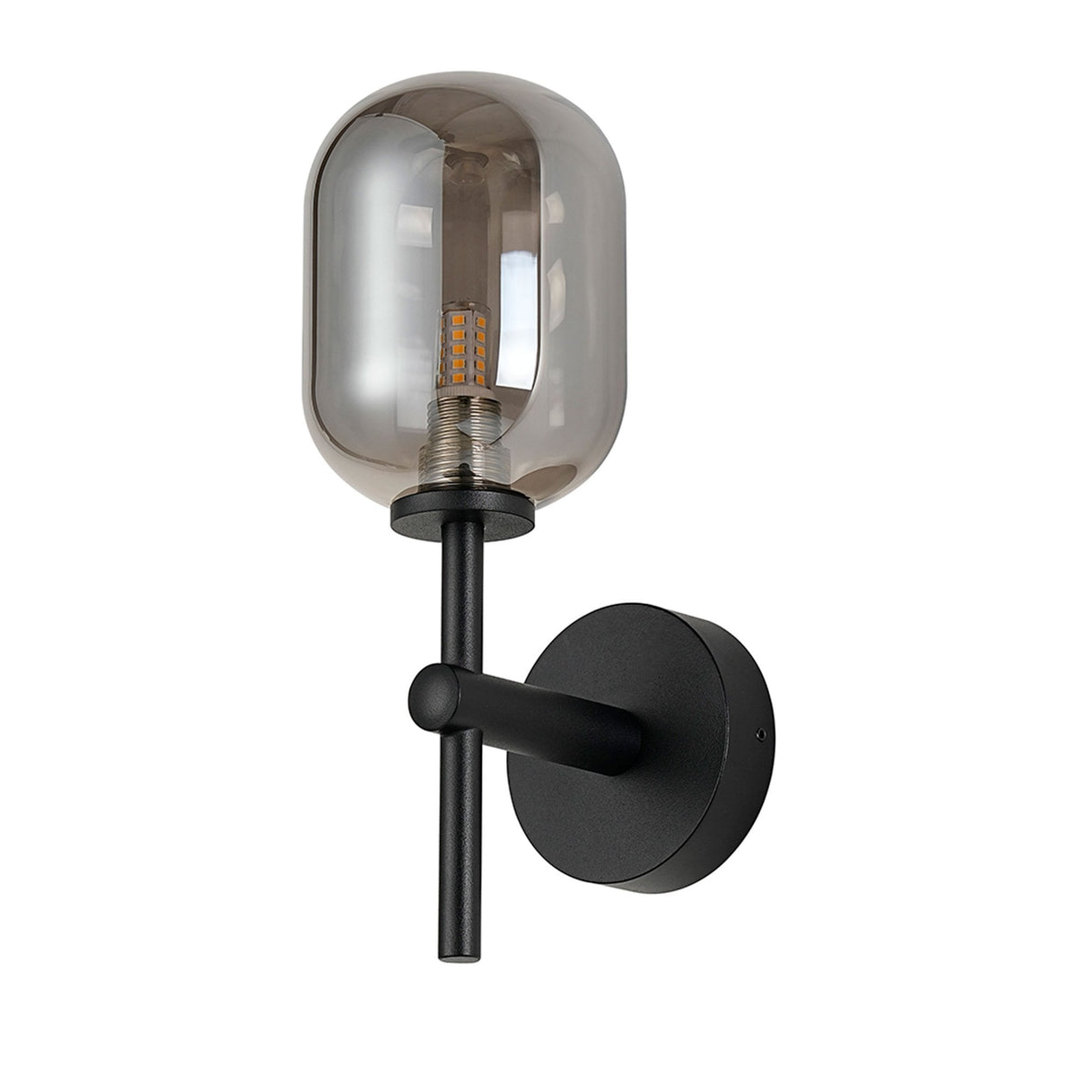 Tenterden Medium Arm IP44 Wall Light in Satin Black with Smooth Tubular Smoke Glass Diffuser