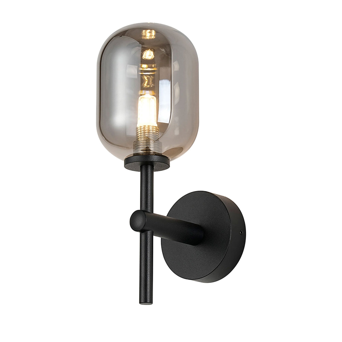 Tenterden Medium Arm IP44 Wall Light in Satin Black with Smooth Tubular Smoke Glass Diffuser