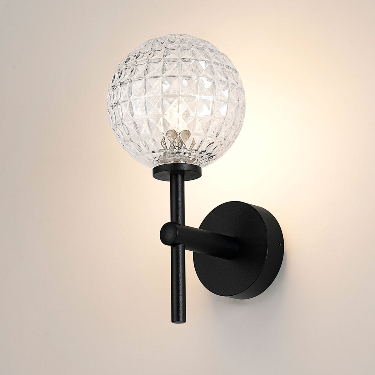 Tenterden Medium Arm IP44 Wall Light in Satin Black with Cross Pattern Round Clear Glass Diffuser