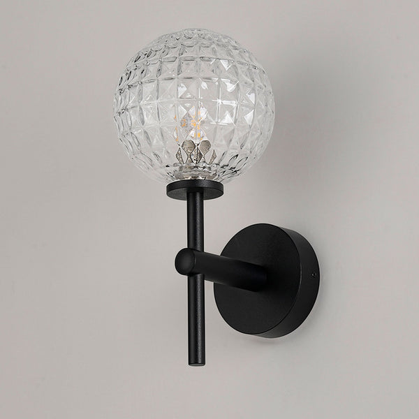 Tenterden Medium Arm IP44 Wall Light in Satin Black with Cross Pattern Round Clear Glass Diffuser