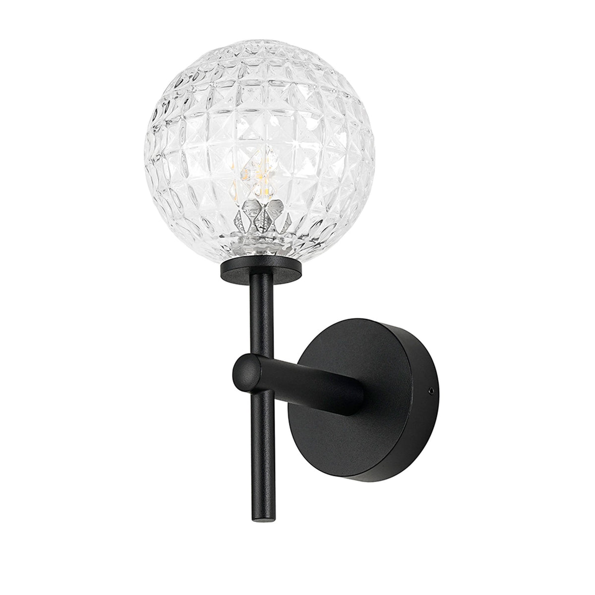 Tenterden Medium Arm IP44 Wall Light in Satin Black with Cross Pattern Round Clear Glass Diffuser