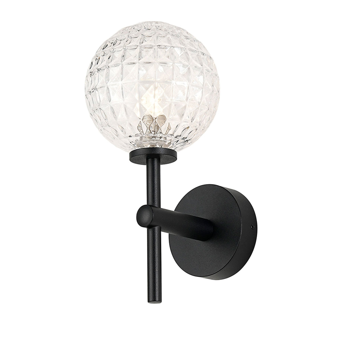 Tenterden Medium Arm IP44 Wall Light in Satin Black with Cross Pattern Round Clear Glass Diffuser