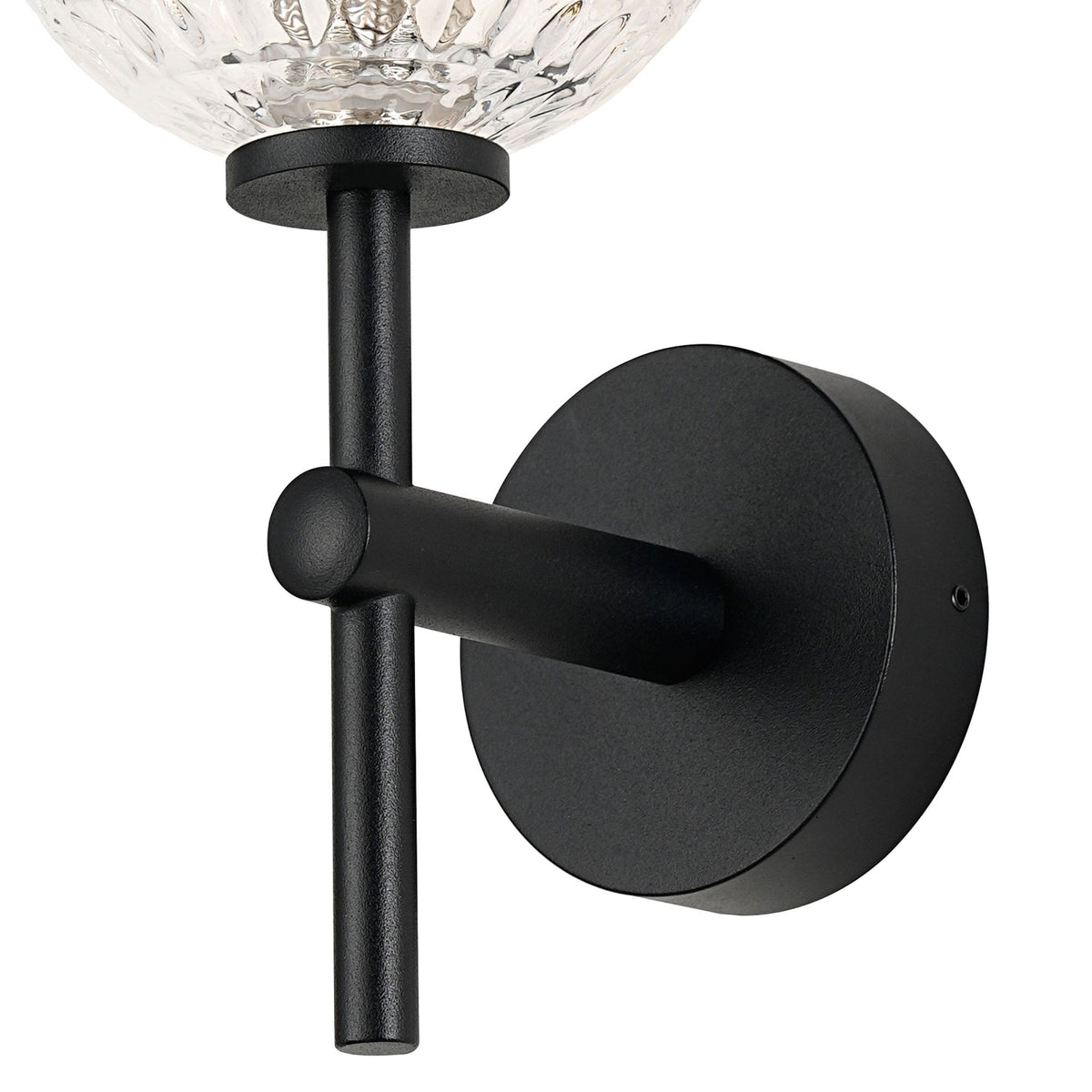 Tenterden Medium Arm IP44 Wall Light in Satin Black with Cross Pattern Round Clear Glass Diffuser