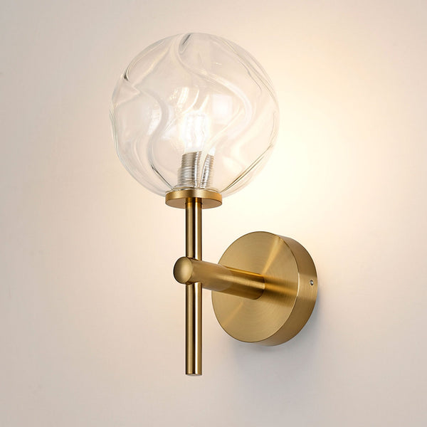 Tenterden Medium Arm IP44 Wall Light in Brass Gold with Waved Round Clear Glass Diffuser