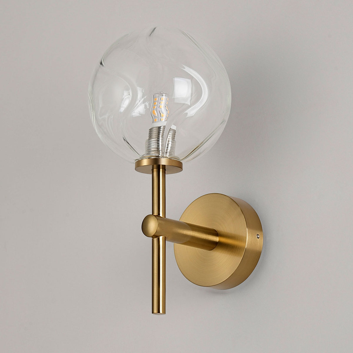 Tenterden Medium Arm IP44 Wall Light in Brass Gold with Waved Round Clear Glass Diffuser