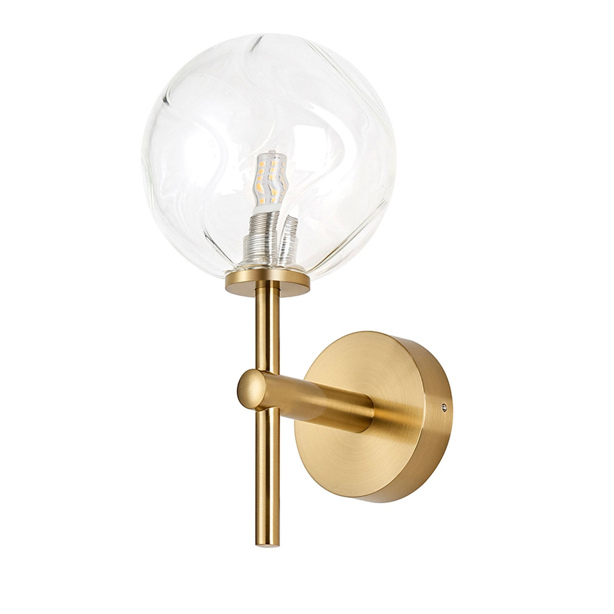 Tenterden Medium Arm IP44 Wall Light in Brass Gold with Waved Round Clear Glass Diffuser