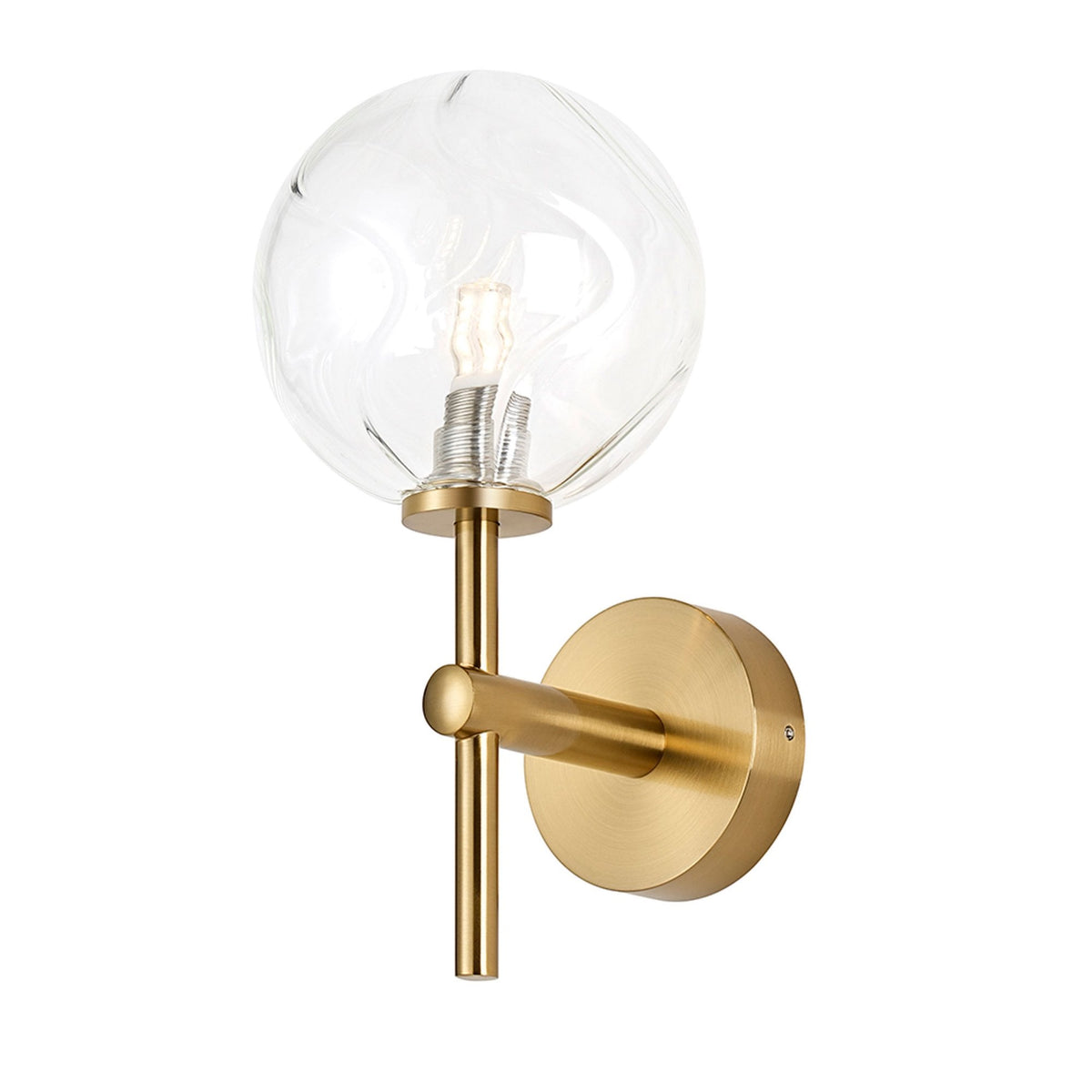 Tenterden Medium Arm IP44 Wall Light in Brass Gold with Waved Round Clear Glass Diffuser