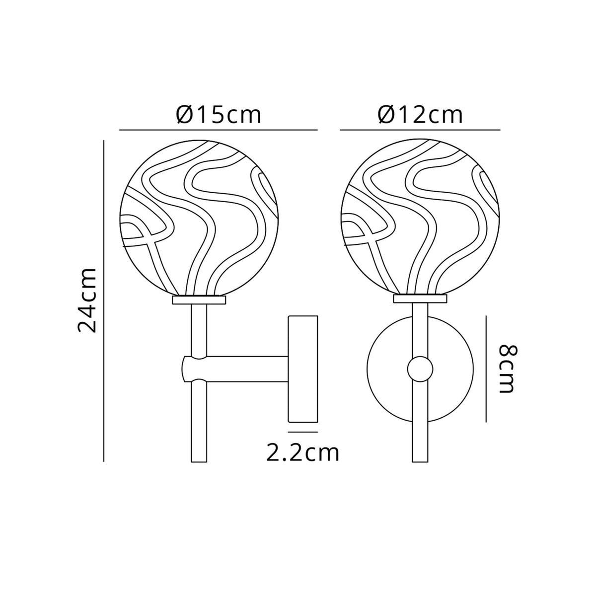 Tenterden Medium Arm IP44 Wall Light in Brass Gold with Waved Round Clear Glass Diffuser