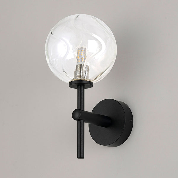 Tenterden Medium Arm IP44 Wall Light in Satin Black with Waved Round Clear Glass Diffuser