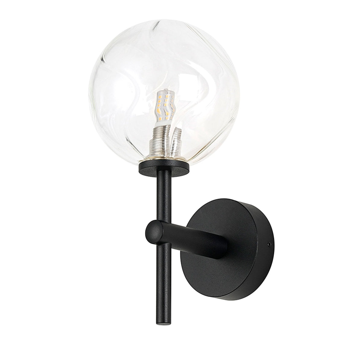 Tenterden Medium Arm IP44 Wall Light in Satin Black with Waved Round Clear Glass Diffuser