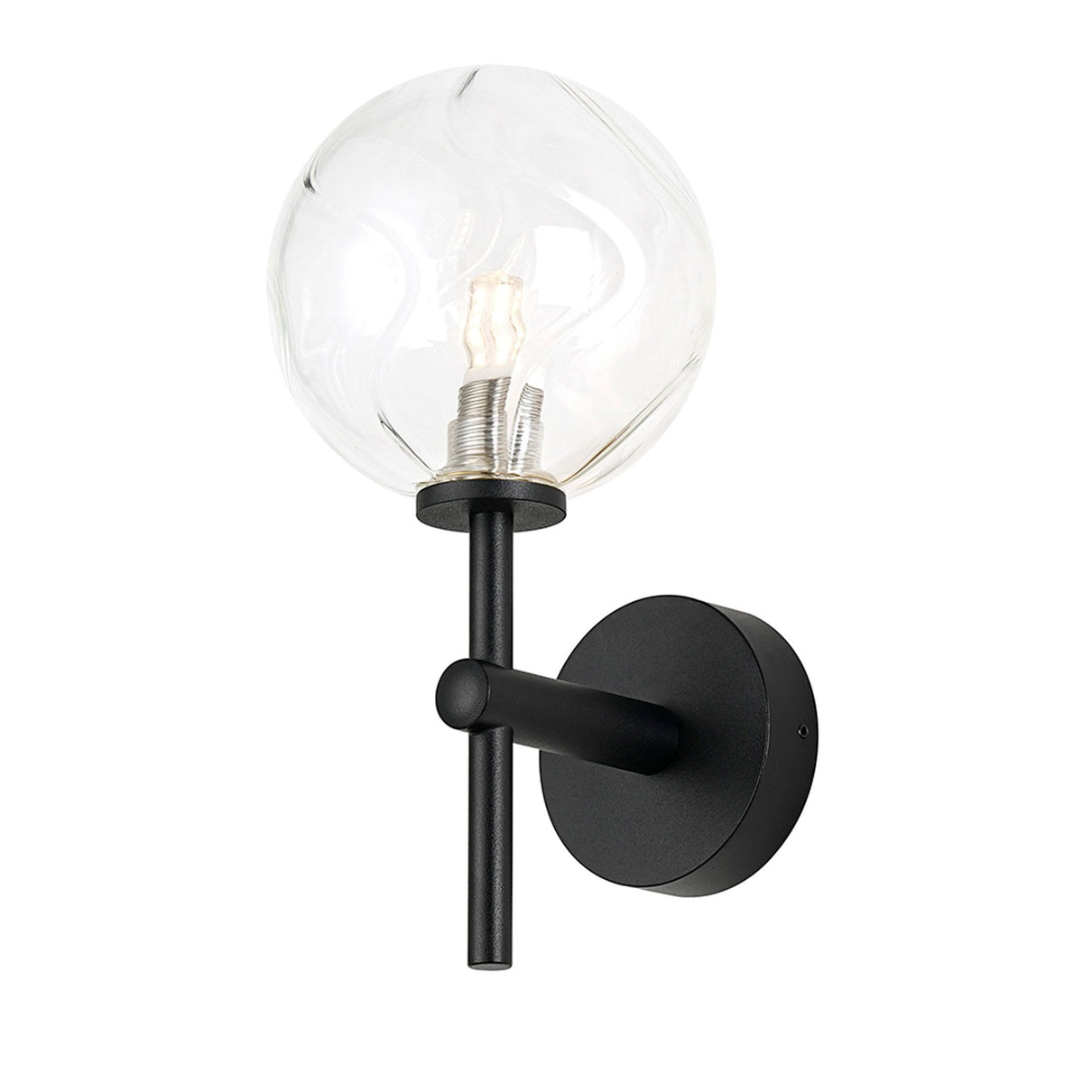 Tenterden Medium Arm IP44 Wall Light in Satin Black with Waved Round Clear Glass Diffuser