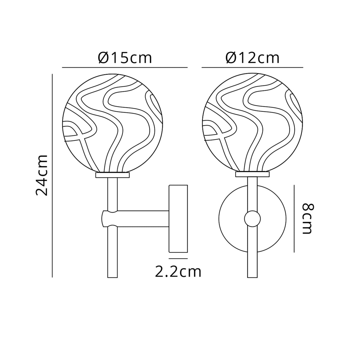 Tenterden Medium Arm IP44 Wall Light in Satin Black with Waved Round Clear Glass Diffuser