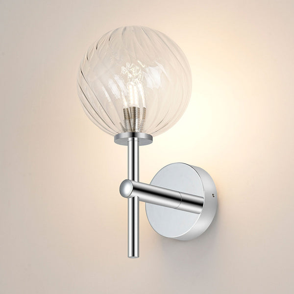 Tenterden Medium Arm IP44 Wall Light in Chrome with Swirl Round Clear Glass Diffuser