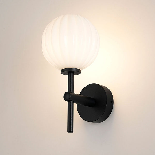 Tenterden Medium Arm IP44 Wall Light in Satin Black with Segment Round Opal Glass Diffuser