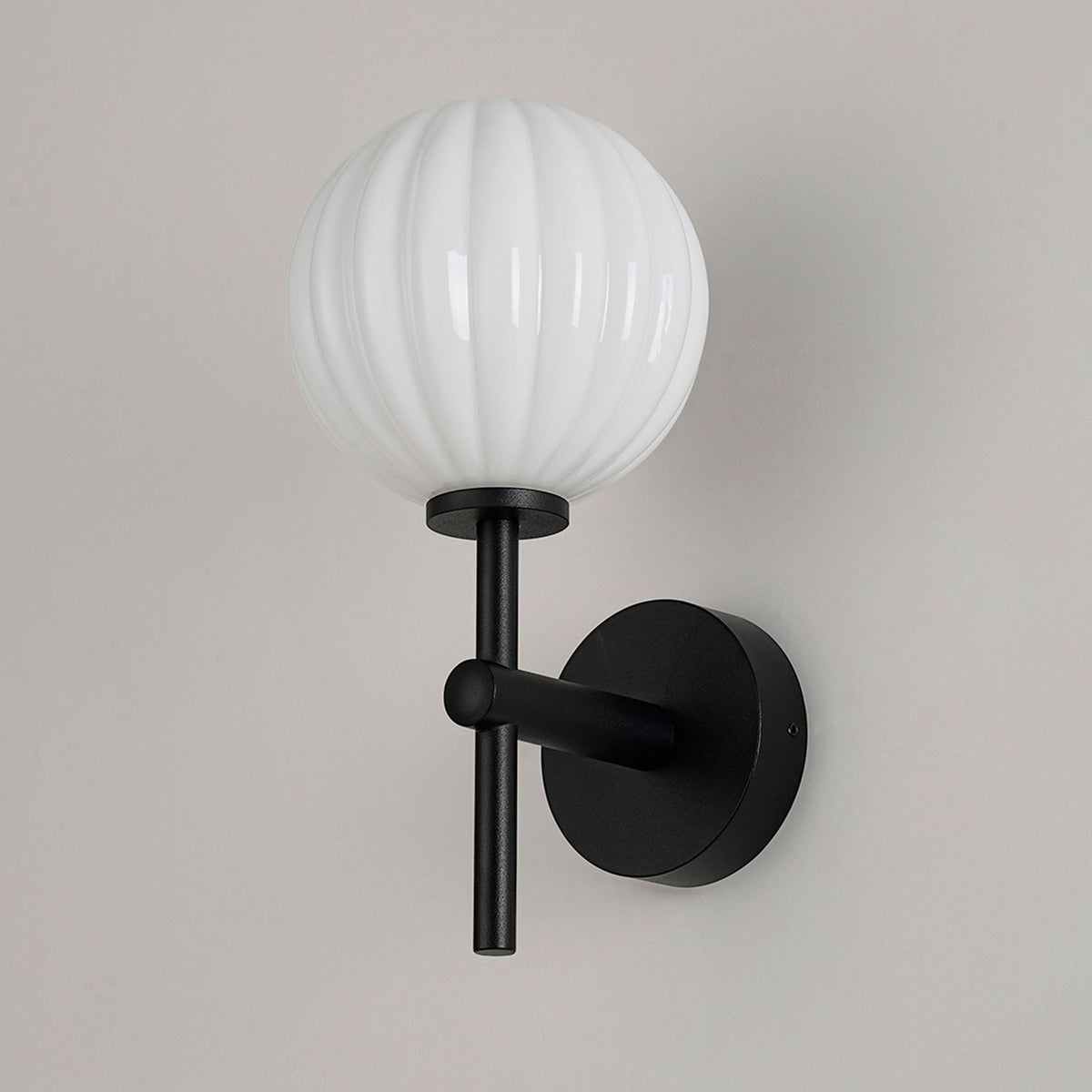 Tenterden Medium Arm IP44 Wall Light in Satin Black with Segment Round Opal Glass Diffuser