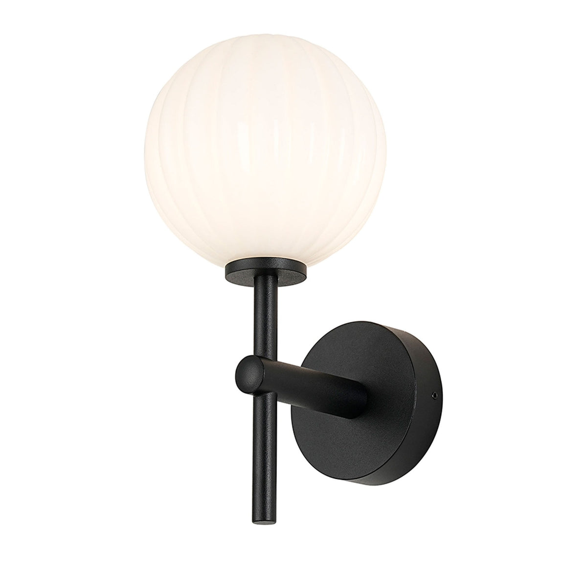 Tenterden Medium Arm IP44 Wall Light in Satin Black with Segment Round Opal Glass Diffuser