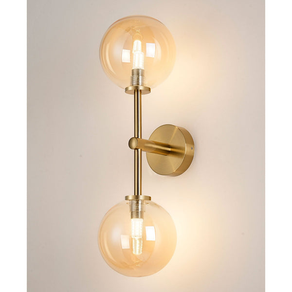 Tenterden Medium Twin Arm IP44 Wall Light in Brass Gold with Smooth Round Amber Glass Diffusers