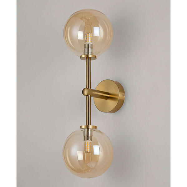 Tenterden Medium Twin Arm IP44 Wall Light in Brass Gold with Smooth Round Amber Glass Diffusers