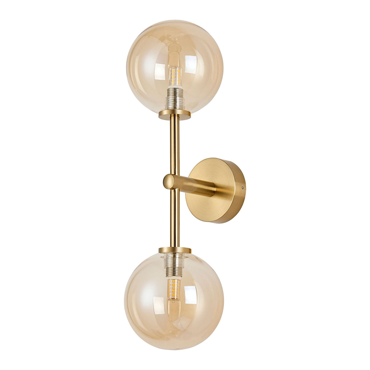 Tenterden Medium Twin Arm IP44 Wall Light in Brass Gold with Smooth Round Amber Glass Diffusers