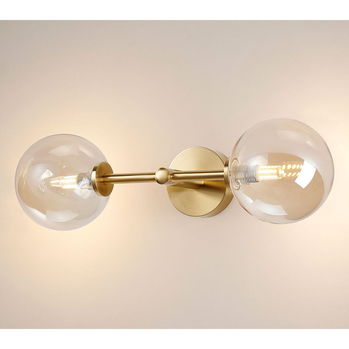 Tenterden Medium Twin Arm IP44 Wall Light in Brass Gold with Smooth Round Amber Glass Diffusers