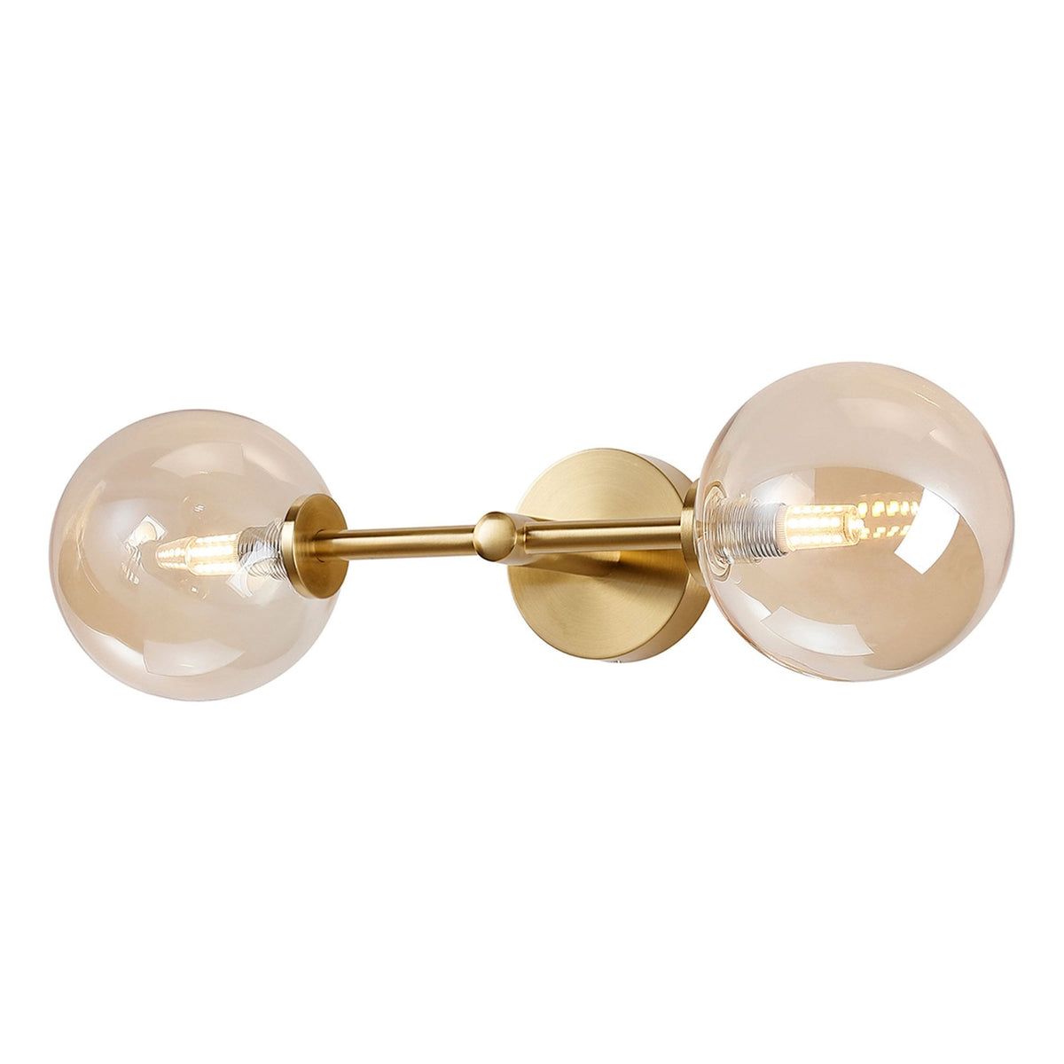 Tenterden Medium Twin Arm IP44 Wall Light in Brass Gold with Smooth Round Amber Glass Diffusers