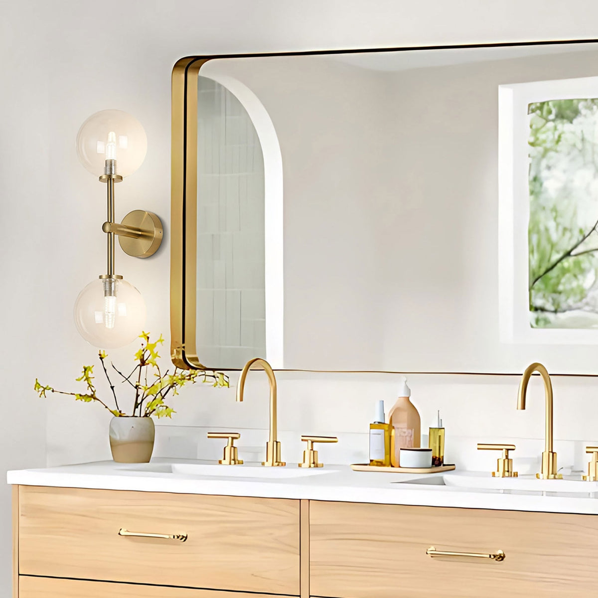 Tenterden Medium Twin Arm IP44 Wall Light in Brass Gold with Smooth Round Clear Glass Diffusers