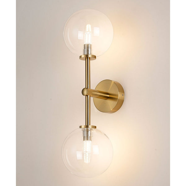 Tenterden Medium Twin Arm IP44 Wall Light in Brass Gold with Smooth Round Clear Glass Diffusers