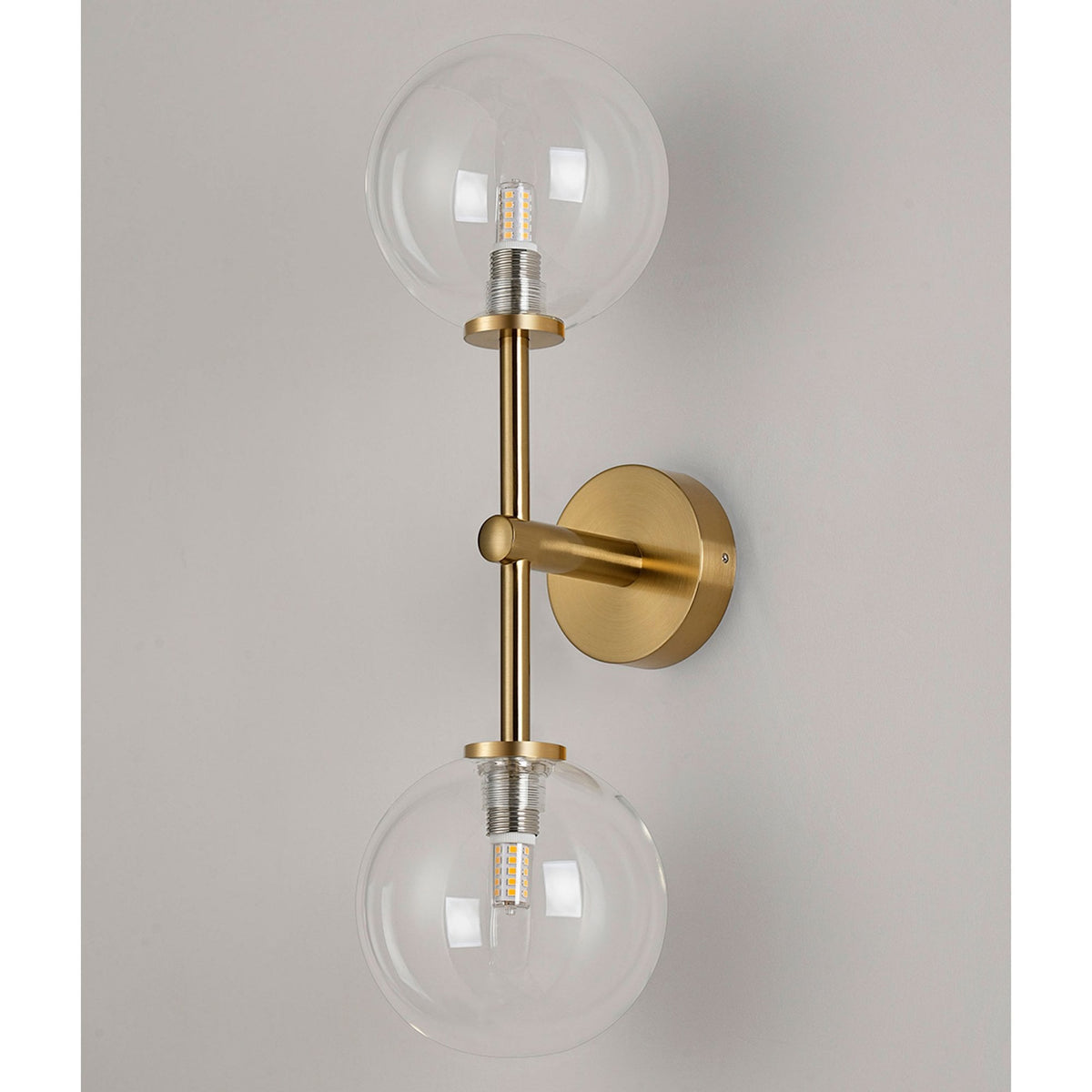 Tenterden Medium Twin Arm IP44 Wall Light in Brass Gold with Smooth Round Clear Glass Diffusers
