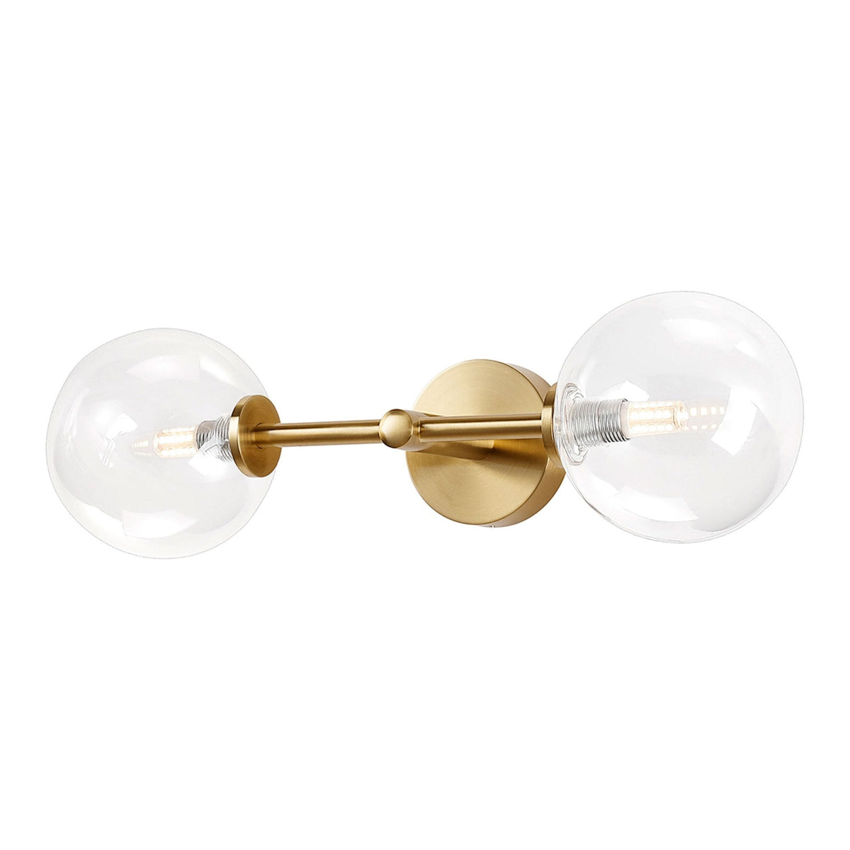 Tenterden Medium Twin Arm IP44 Wall Light in Brass Gold with Smooth Round Clear Glass Diffusers